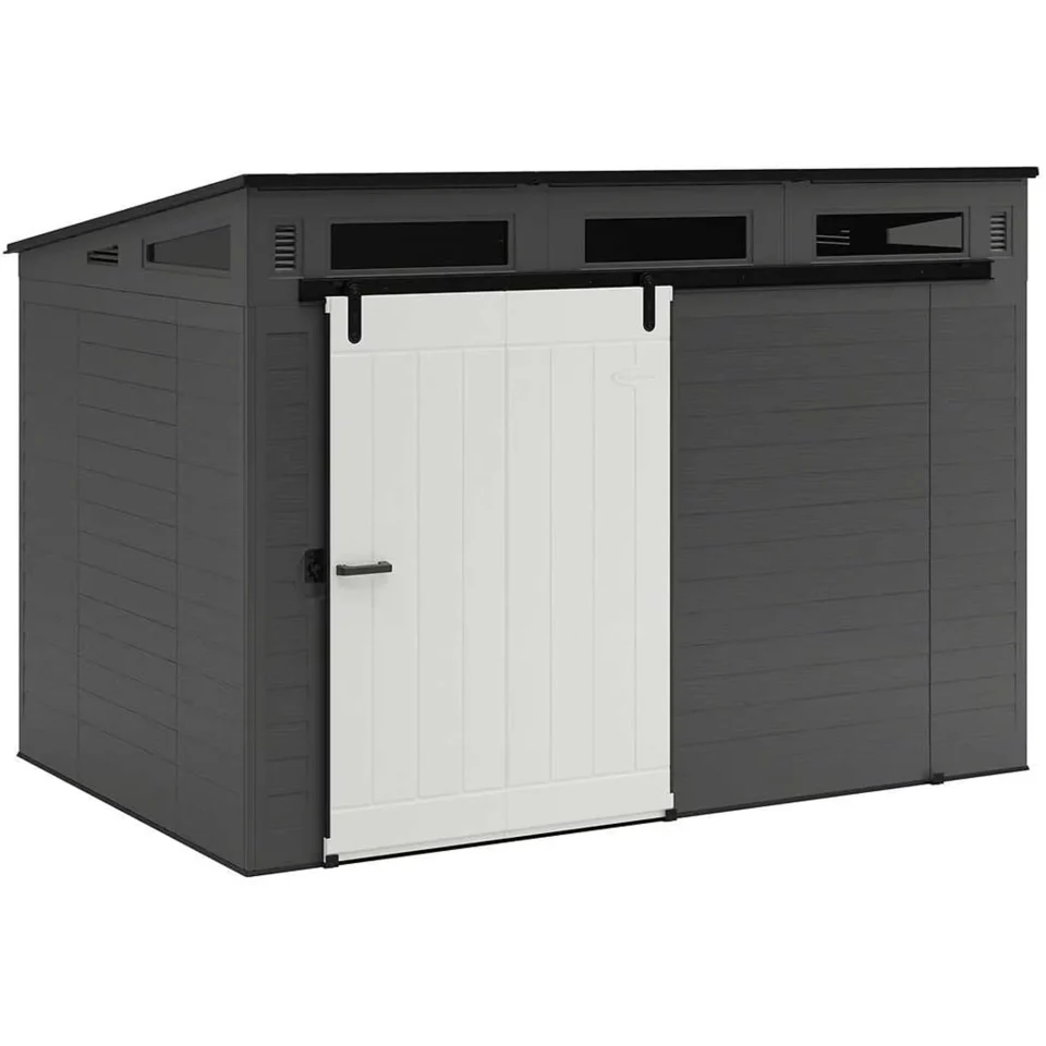 Glossy Clear Suncast Modernist 10' x 7' Barn Door Outdoor Garden Storage Shed, Grey