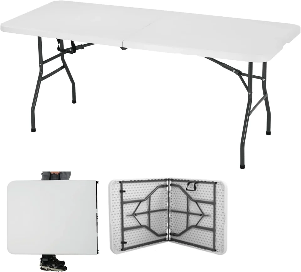 Lightweight 6 Foot Folding Table Portable Picnic Table Folding Camping Table Heavy Duty For Outdoor Indoor Camping, Picnic And Party, Fold In Half With Handle And Sturdy Steel Frame, White