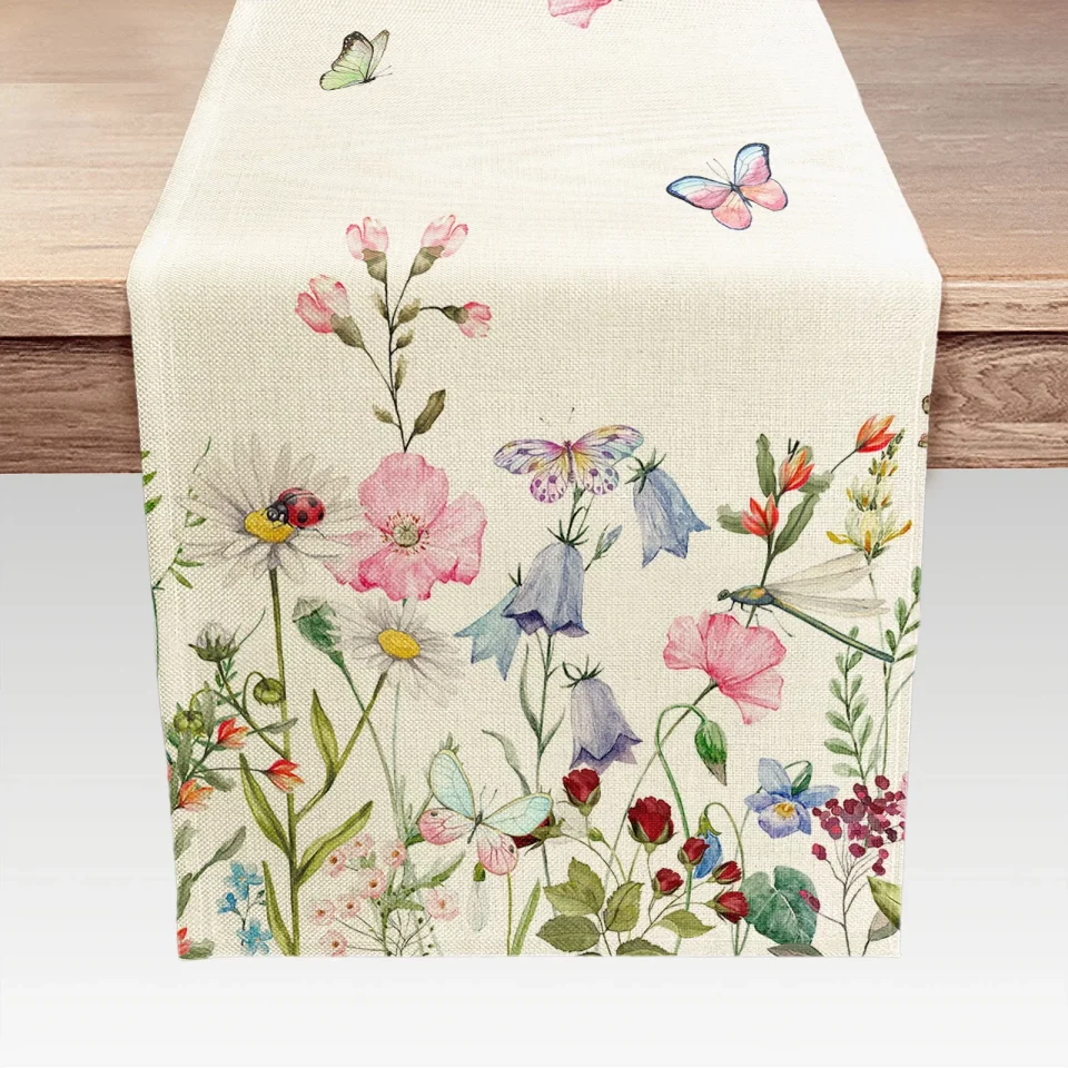 Wooden Top-Rated Flower Floral Table Runner, Butterfly Wildflowers Spring Summer Table Runner, Farmhouse Rustic Holiday Kitchen Dining Table Decoration for Indoor Outdoor Home Party Decor 13x72Inch