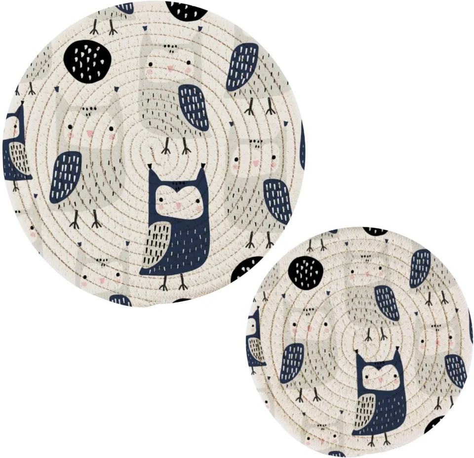 Ceramic Glossy Bestwell Cute Owls Cotton Pot Holder Set of 2, Pure Cotton Heat Resistant Wear-Resistant and Non-Slip Stylish Round Pot Holder for Daily Kitchen,Dining Table,Office,Cafe, Restaurant,BBQ