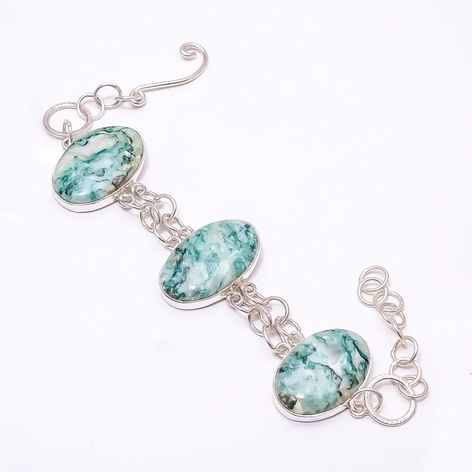 Matte Portable Tree Agate -Australia 925 Silver Plated Adjustable Bracelet 7.99, Green Tree Agate Bracelet B_9205_388_20