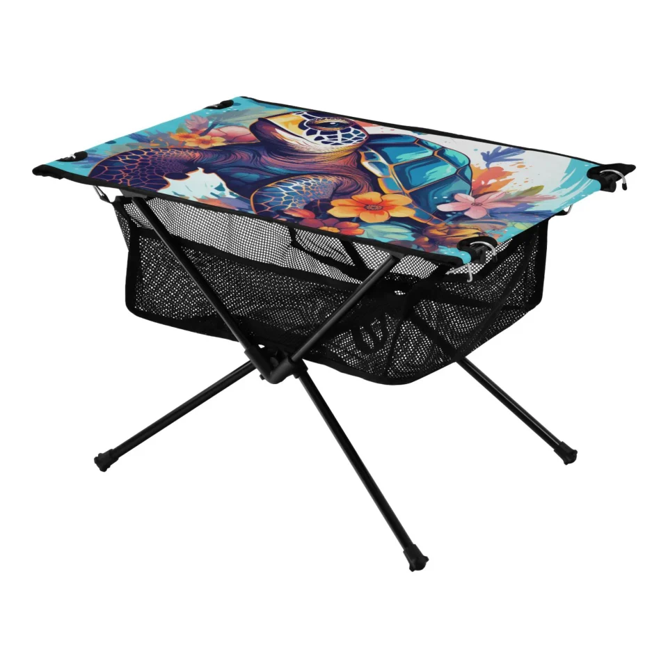 Premium Eco-Friendly Sea Turtle with Floral Camping Folding Table Portable Beach Table with Storage Bag Compact Picnic Table for Outdoor Travel Fishing BBQ