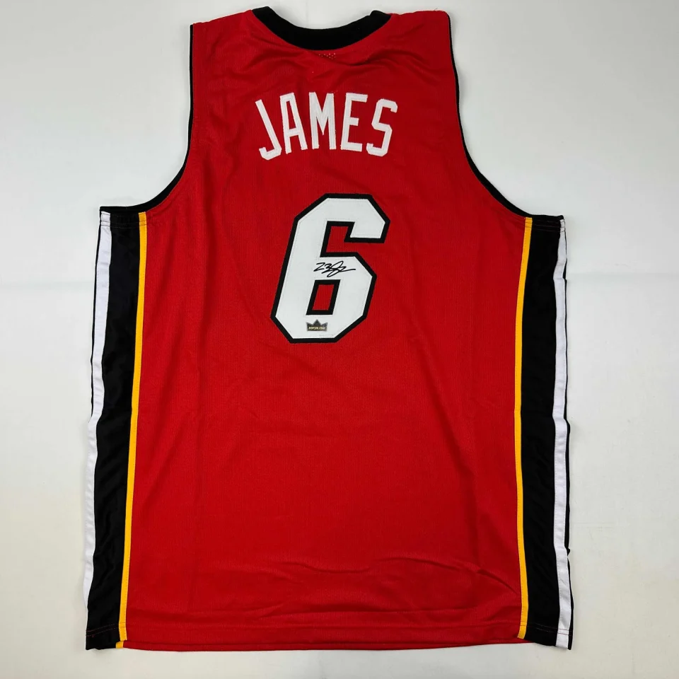 Glass Wooden Facsimile Autographed LeBron James Miami Red Reprint Laser Auto Basketball Jersey Size Men's XL