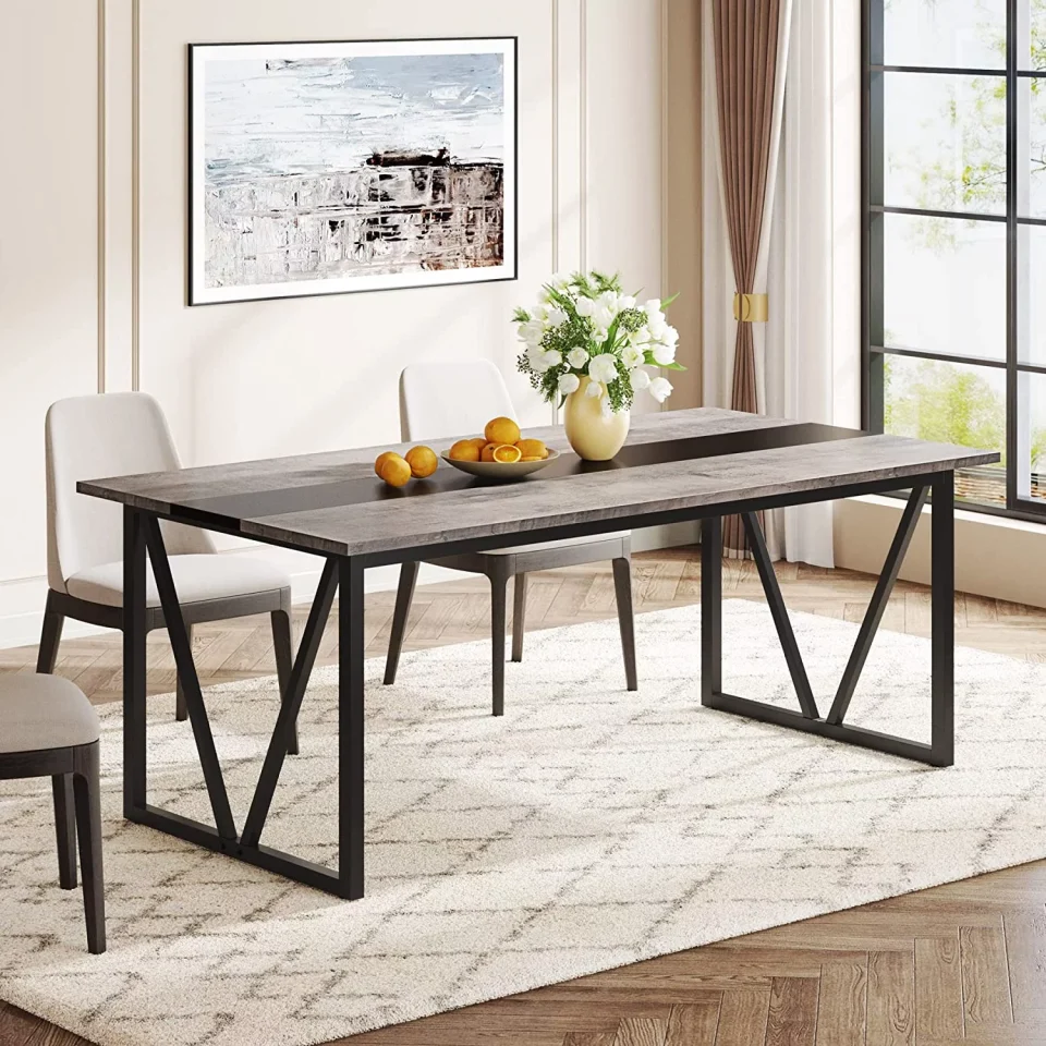 Lightweight Home Tribesigns Dining Table for 6-8 People, 70.8 inch Industrial Large Kitchen Table with Heavy Duty Metal Frame, Rectangle Wood Dining Room Table for Kitchen, Living Room, Grey