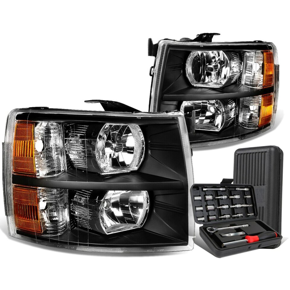 Premium Gift-Ready 2007-2014 Chevy Silverado Pair Black/Amber Signal Headlight Lamps+Tool Box