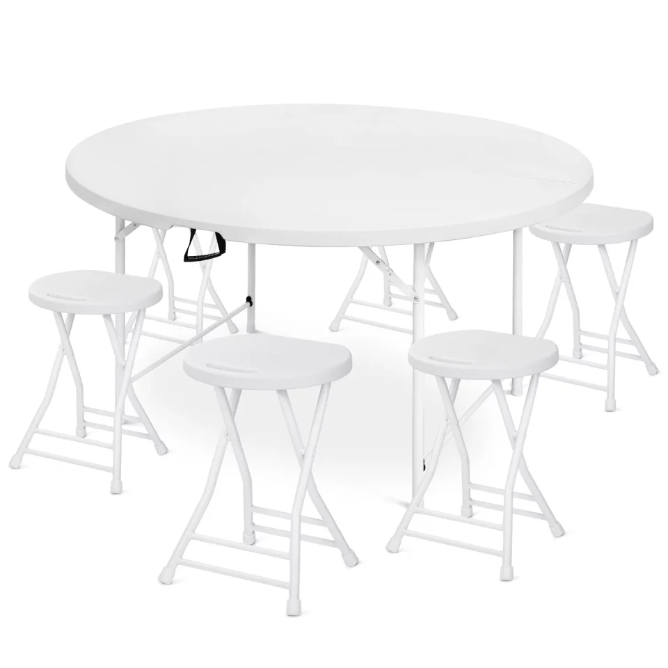 Safe Value Magshion 7 Pieces 5 FT Folding Round Table and Chair Set, Banquet Event Wedding Card Desk with Handle and Foldable Stools with Footrest, White