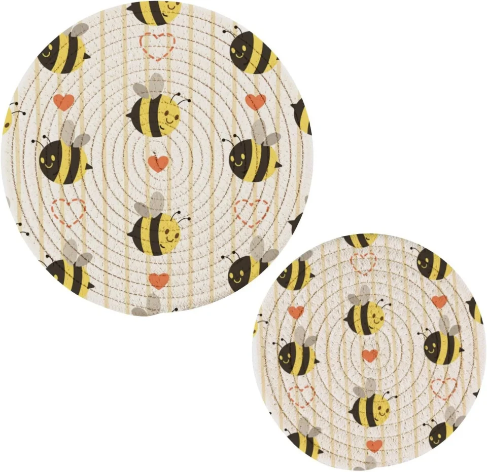 Healthy Glass Bestwell Cute Yellow Bee Pot Holder Set of 2, Pure Cotton Heat Resistant Wear-Resistant and Non-Slip Stylish Round Pot Holder for Daily Kitchen,Dining Table,Office,Cafe, Restaurant,BBQ