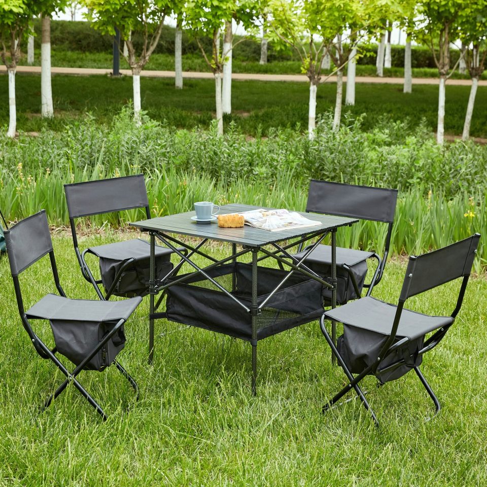 Prime Set of 5, Folding Outdoor Table and Chairs Set for Indoor, Outdoor Camping, Picnics, Beach,Backyard, BBQ, Party, Patio, Black/Gray