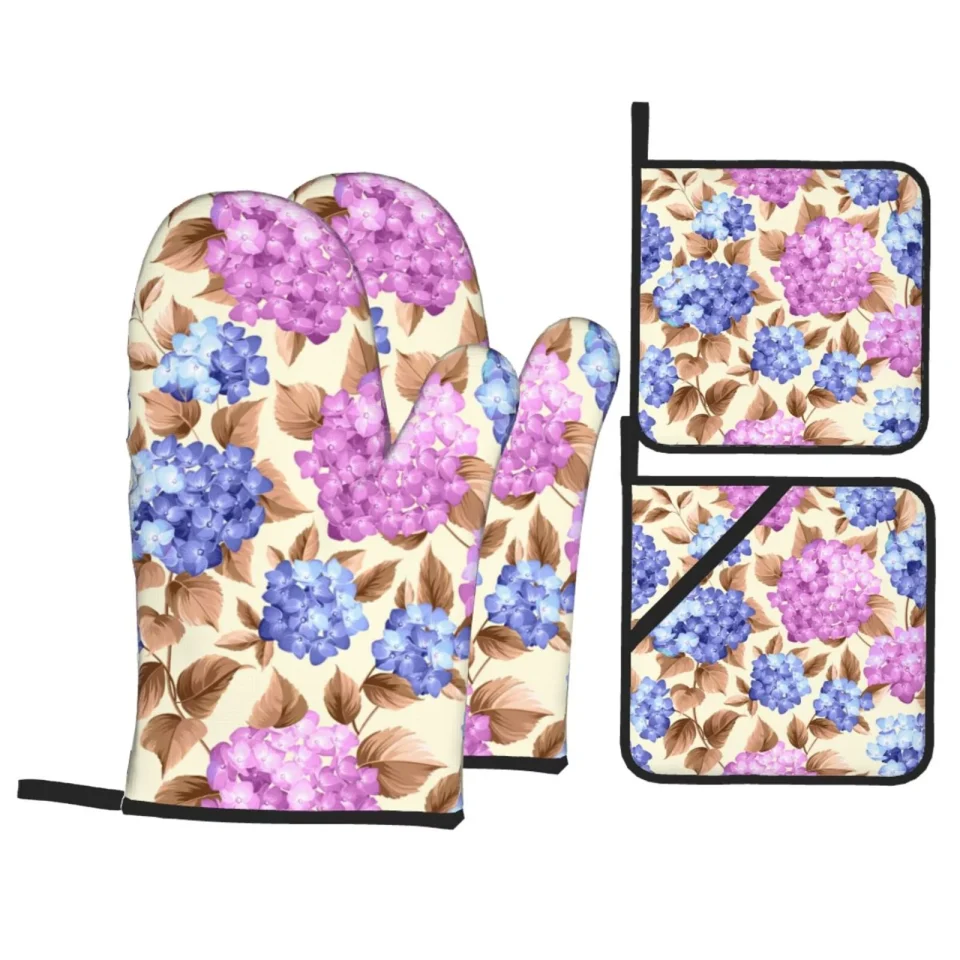 Supreme Best-Selling ZNDUO Oven Mitts and Pot Holders Sets, Vintage Purple Hydrangea Pattern Non-Slip Cooking Oven Mitt
