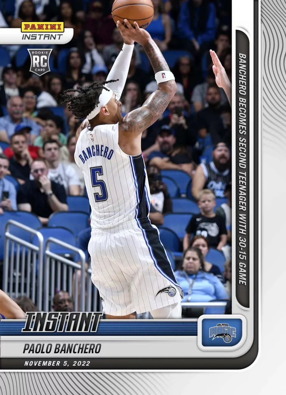 Food-Grade Non-Toxic NBA Orlando Magic 2022-23 Instant Basketball Paolo Banchero 1 of 730 Trading Card #25 (Rookie Card, Becomes 2nd Teenager with 30-15 Game) (Panini)