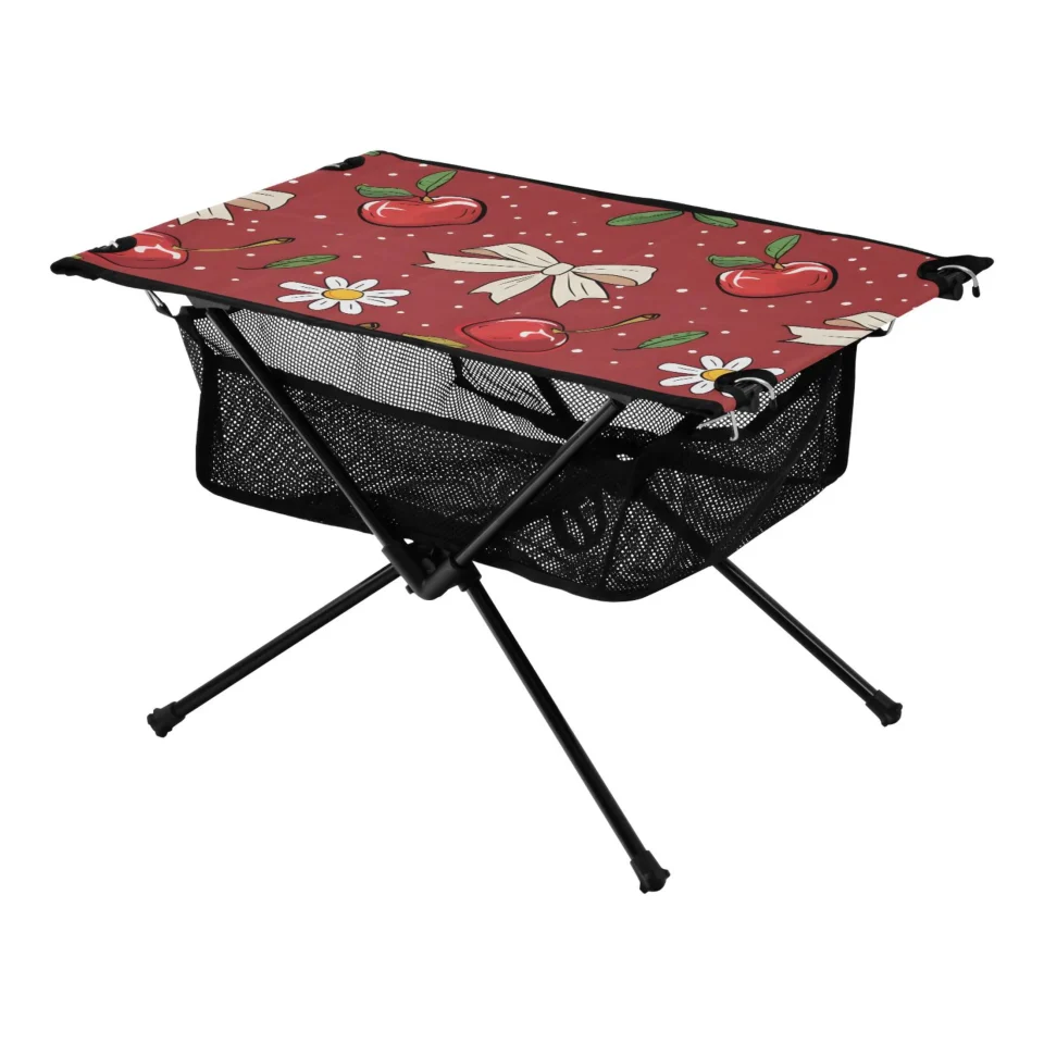 Eco-Friendly Red Cherry with Daisy Flower Camping Folding Table Portable Beach Table with Storage Bag Compact Picnic Table for Outdoor Travel Fishing BBQ