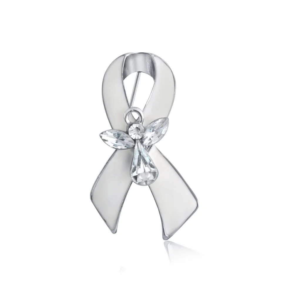 Cast Iron Popular Bling Jewelry White Ribbon Lung Cancer Survivor Guardian Angel Crystal Brooch Pin