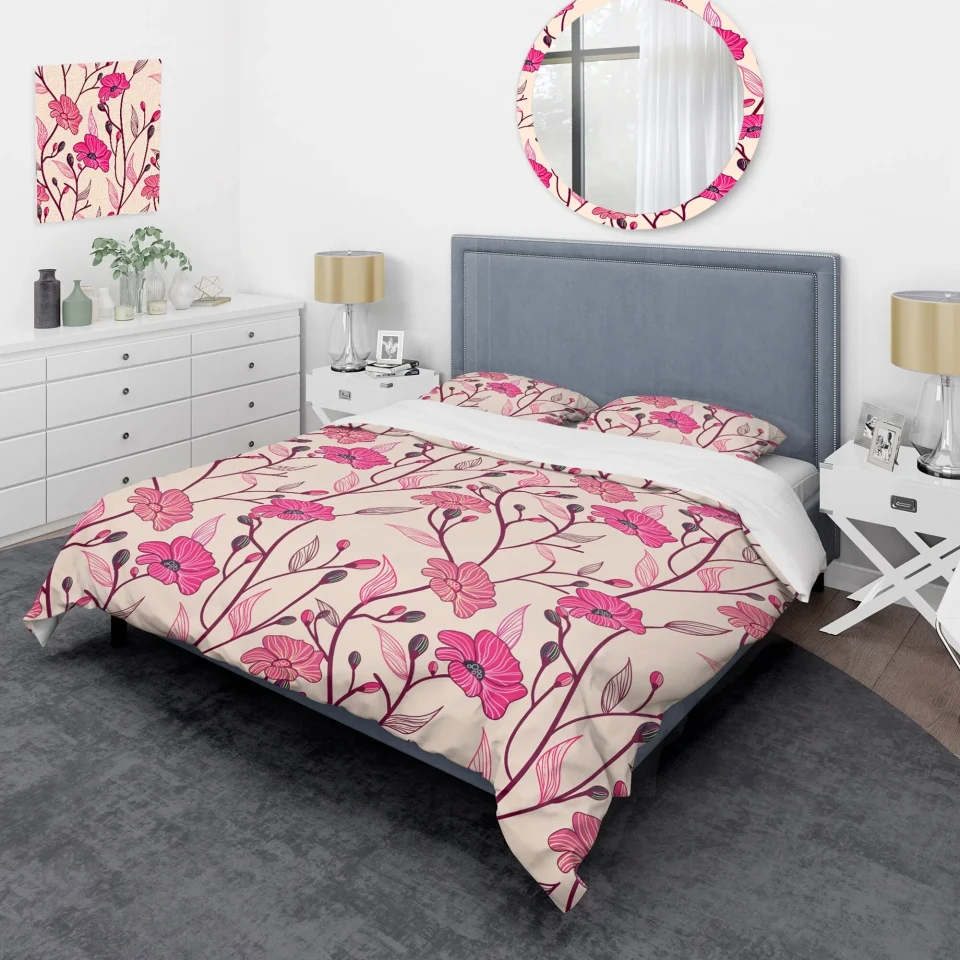 Stainless Steel Value DESIGN ART Designart 'Pink Flowers and Leaf' Cabin & Lodge Duvet Cover Set Full - Queen