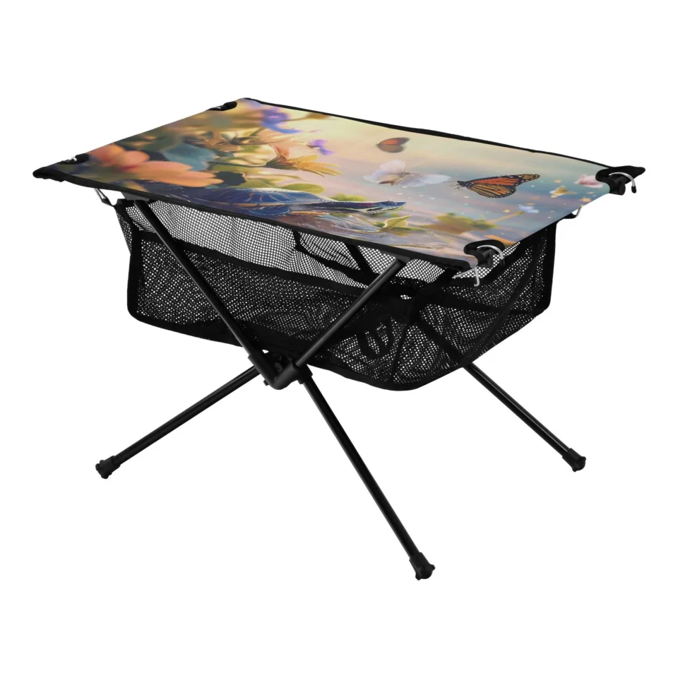 Value Popular Funny Turtle and Butterfly Camping Folding Table Portable Beach Table with Storage Bag Compact Picnic Table for Outdoor Travel Fishing BBQ