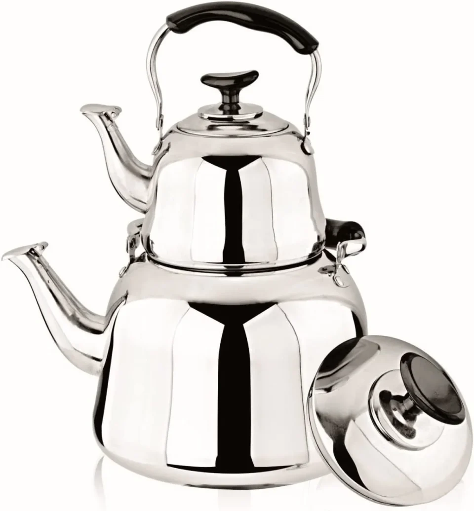 Wooden Turkish Samovar Style Double Kettle Teapot Coffee Stovetop Stainless Steel 1L and 3L with Stay Cool Handles & Infuser