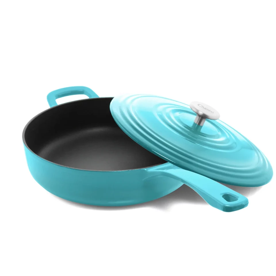 Stainless Steel Chantal 5 qt. Round Cast-Iron Saute Skillet w/ Lid, Sea Blue