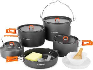 Select Camping Cookware Set. Odoland 18pcs Camping Cookware Large Size Hanging Pot Pan Kettle Set with Plastic Plates Bowls Soup Spoon for Camping