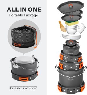 Select Camping Cookware Set. Odoland 18pcs Camping Cookware Large Size Hanging Pot Pan Kettle Set with Plastic Plates Bowls Soup Spoon for Camping