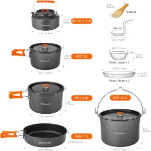 Select Camping Cookware Set. Odoland 18pcs Camping Cookware Large Size Hanging Pot Pan Kettle Set with Plastic Plates Bowls Soup Spoon for Camping