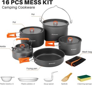 Select Camping Cookware Set. Odoland 18pcs Camping Cookware Large Size Hanging Pot Pan Kettle Set with Plastic Plates Bowls Soup Spoon for Camping