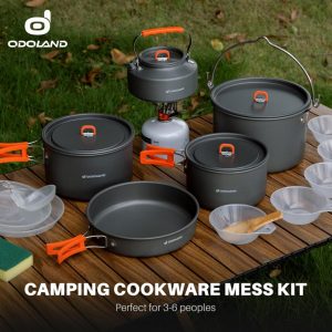 Select Camping Cookware Set. Odoland 18pcs Camping Cookware Large Size Hanging Pot Pan Kettle Set with Plastic Plates Bowls Soup Spoon for Camping