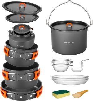 Select Camping Cookware Set. Odoland 18pcs Camping Cookware Large Size Hanging Pot Pan Kettle Set with Plastic Plates Bowls Soup Spoon for Camping