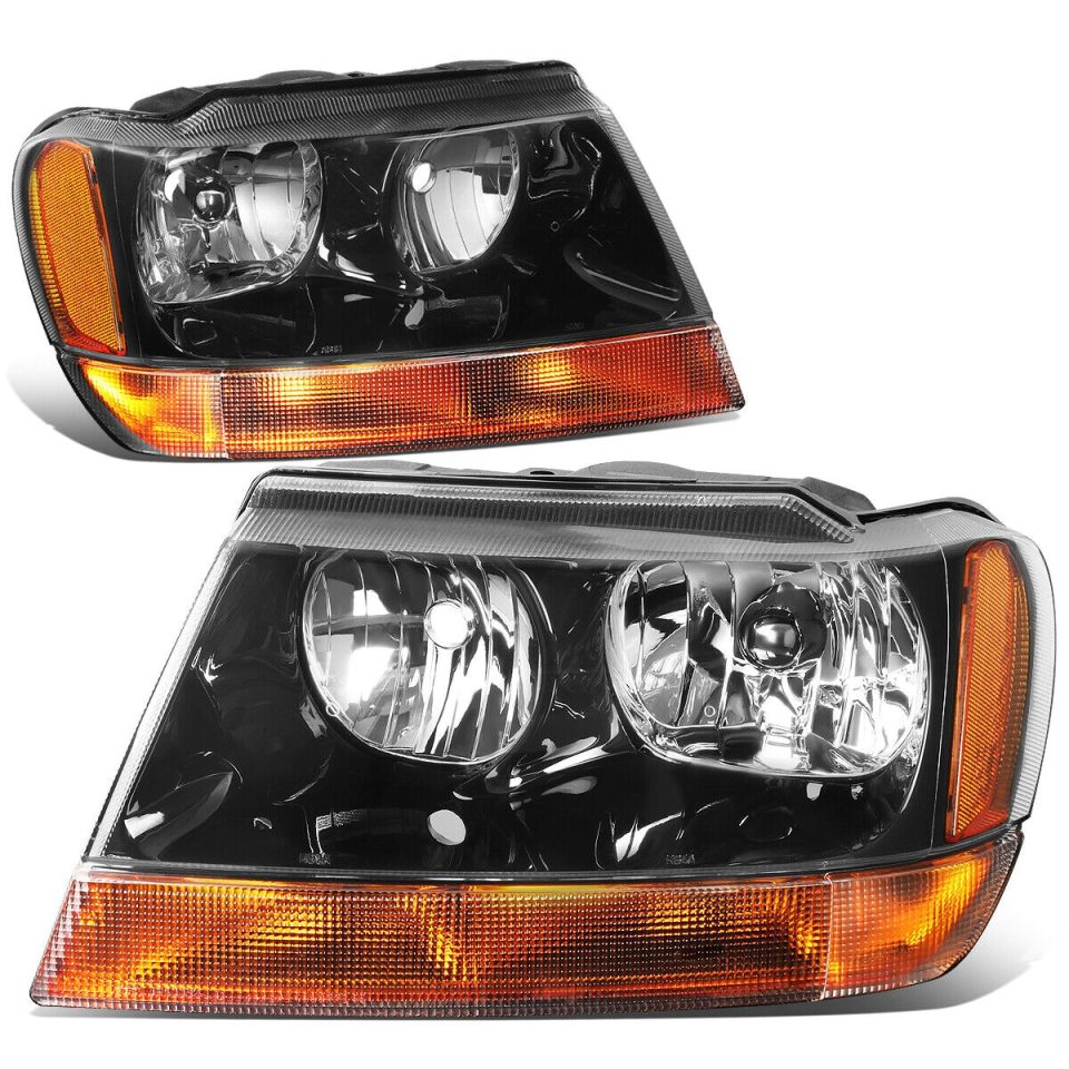 Core 1999-2004 Jeep Grand Cherokee Black Housing Amber Side+Fog Lamp Headlight