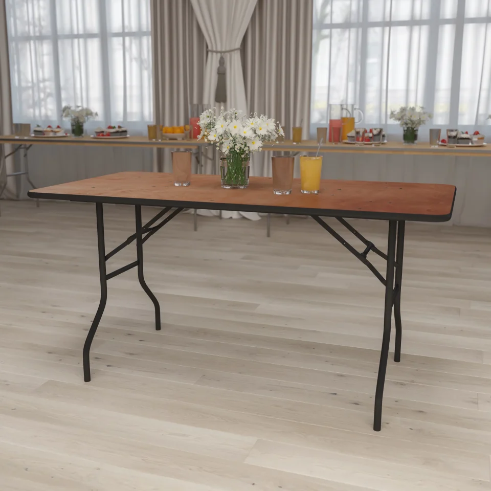 Silicone BizChair 5-Foot Rectangular Wood Folding Banquet Table with Clear Coated Finished Top