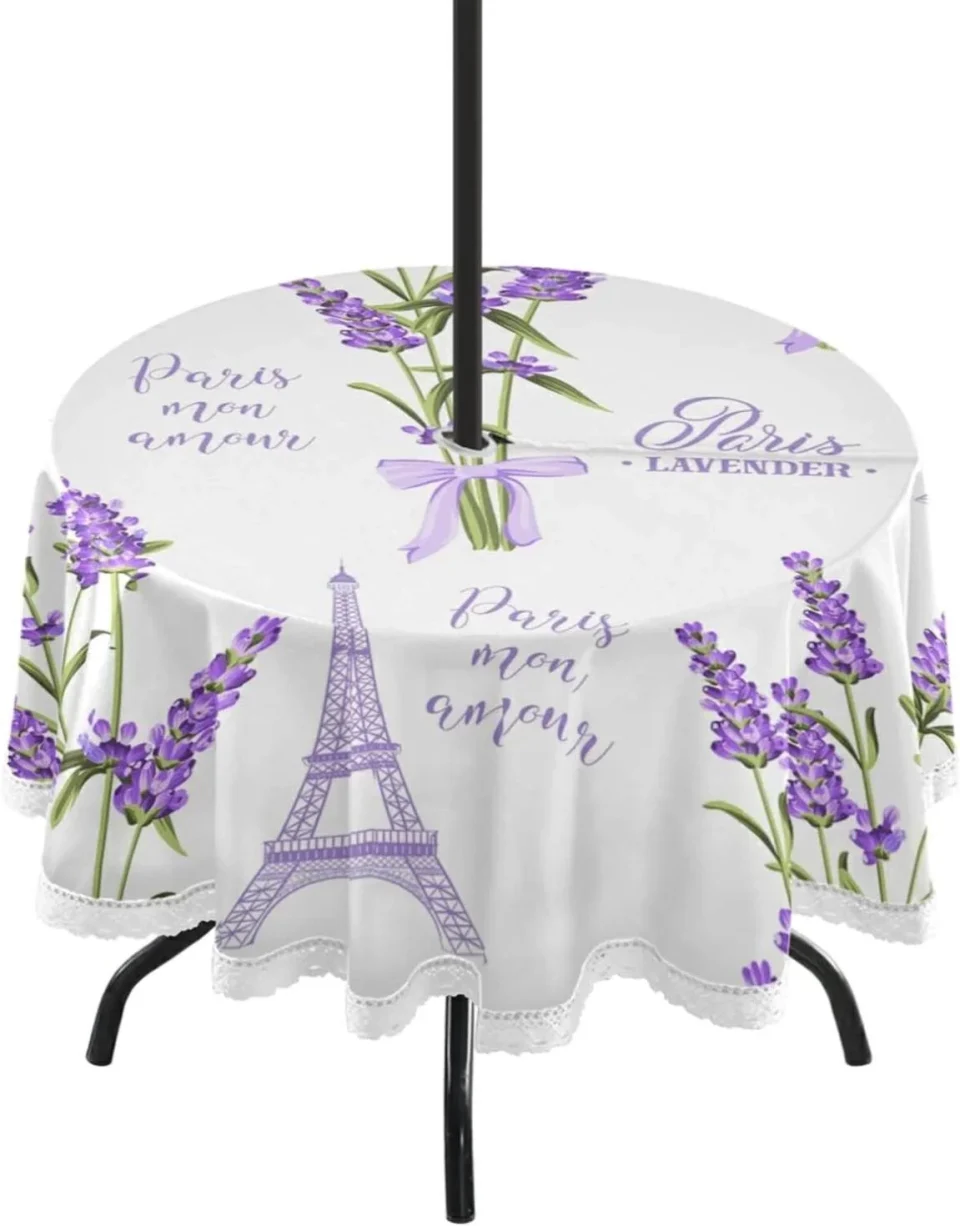 Safe Glass Dreamtimes Indoor & Outdoor Round Tablecloth 60In,Pretty Purple Lavender Waterproof Tablecloth with Umbrella Hole and Zipper,Party Patio Table Covers for Backyard /BBQ/Picnic