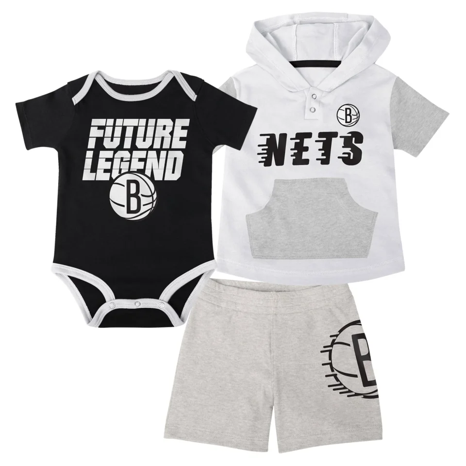 Cleaning Infant Black/White/Gray Brooklyn Nets Bank Shot Bodysuit, Hoodie T-Shirt & Shorts Set