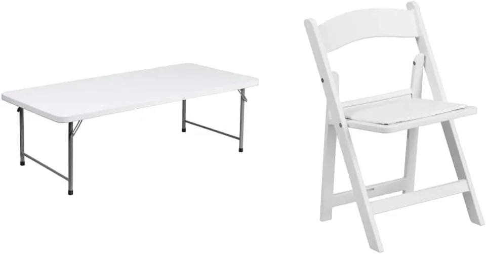 Glossy Top-Rated 4.93-Foot Kid's Granite White Plastic Folding Table & Kids White Resin Folding Chair with White Vinyl Padded Seat