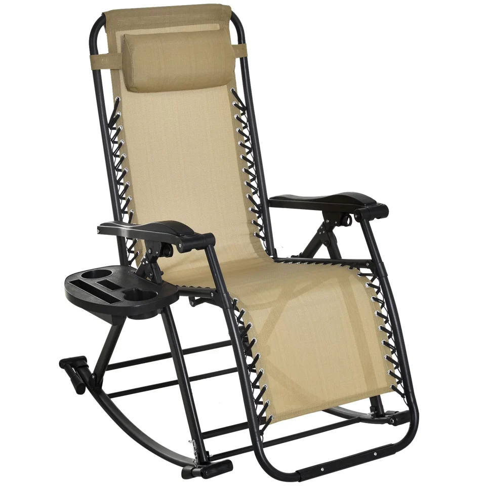 Stainless Steel Homiyad Outdoor Rocking Chairs, Foldable Reclining Zero Gravity Lounge Rocker W/ Pillow, Cup & Phone Holder, Combo Design W/ Folding Legs, Beige