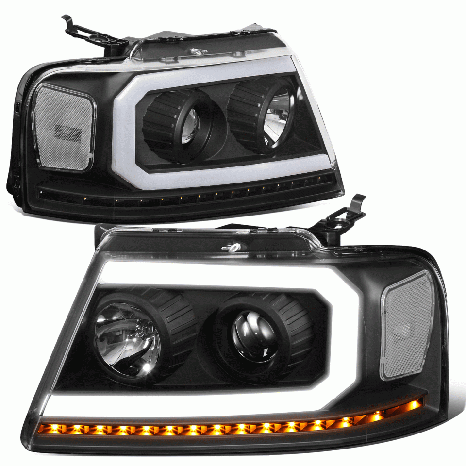 Polished 04-08 d F150 Black/ Clear LED DRL Sequential Signal Projector Headlights