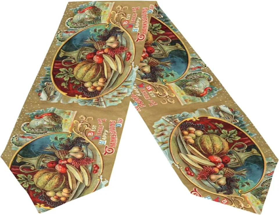 Upgraded Durable Dreamtimes Double Sided Thanksgiving Long Polyester Table Runner 13 x 70 Inches, Turkey Table Cloth Cover Placemats for Kitchen Dinning Living Holiday Wedding Party Decor