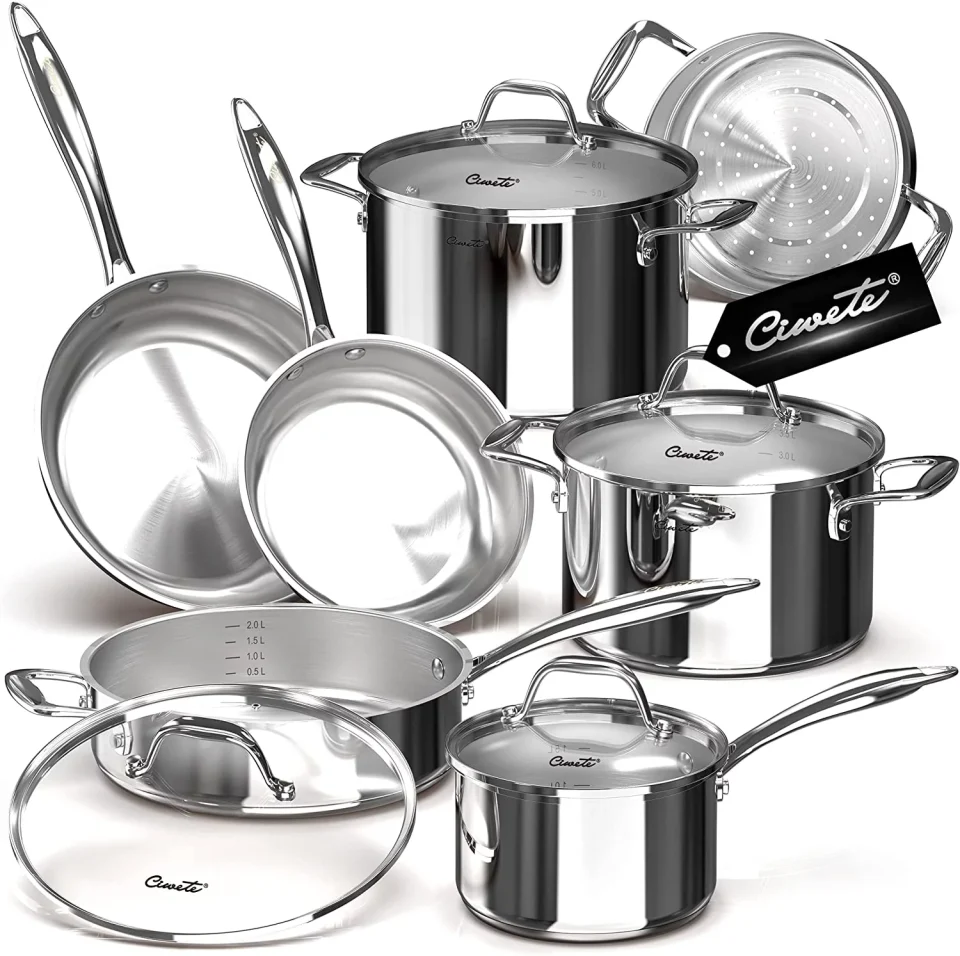 Travel Best-Selling Stainless Steel Pots and Pans Set 11-Piece Kitchen Cookware Sets with Steamer Insert 18/10 Stainless Steel Induction Cookware Set with Stay Cool Long Handles Dishwasher Oven Safe