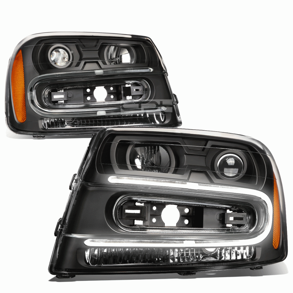 Thickened Cleaning LED DRL 2002-2009 Chevy Trailblazer Pair Black Amber Projector Headlight