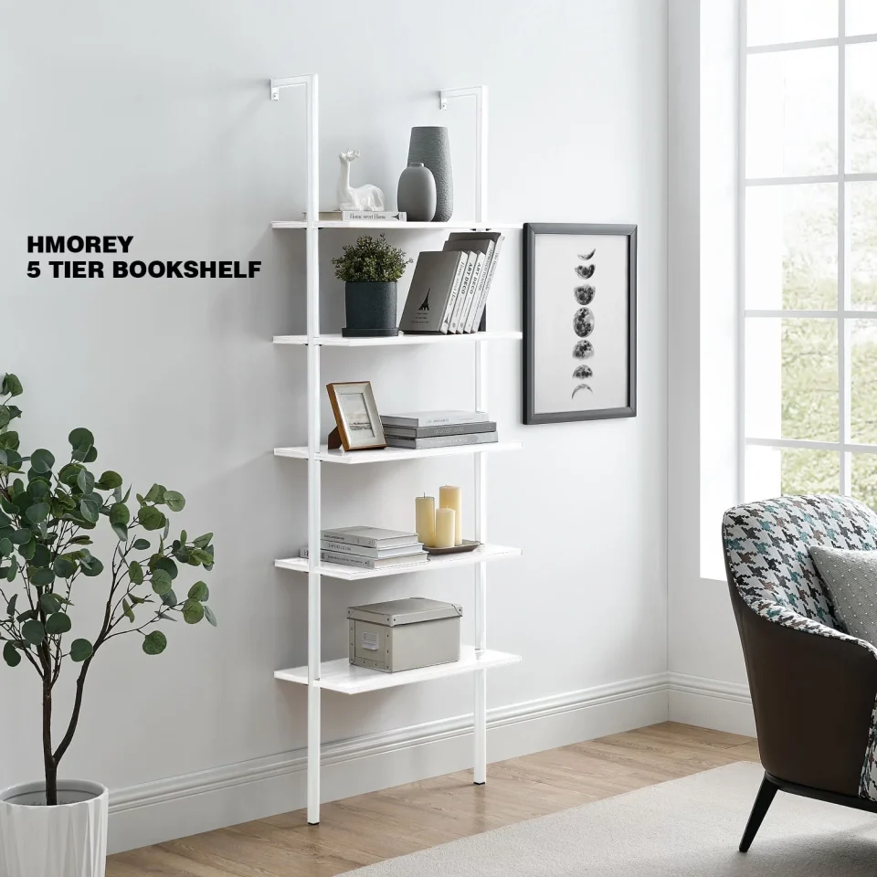 Pure Versatile Hmorey 5 Tier Bookshelf, Open Vintage Industrial Style Bookshelves Bookcase with Metal Frame for Home and Office Organizer - White