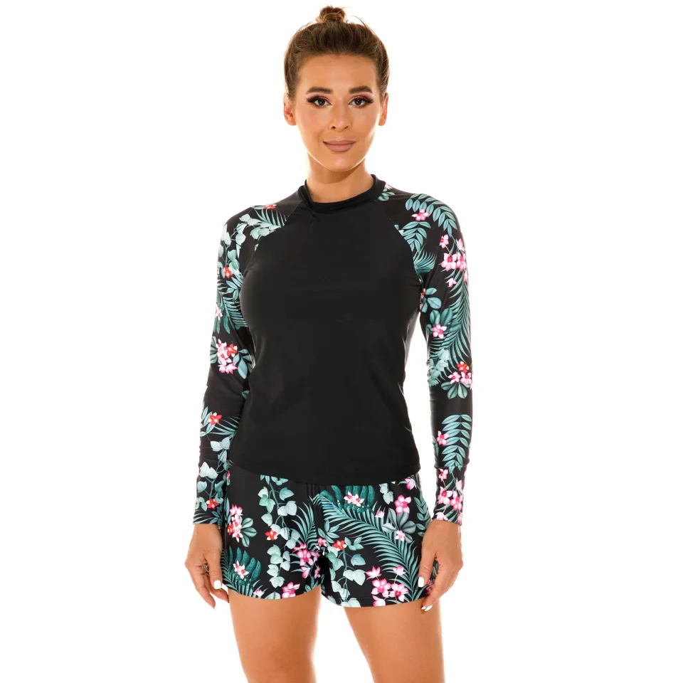 Baking IDOPIP Women 2 PC Rash Guard Long Sleeve Swimsuits Swim Shirt with Shorts Set Surf Bathing Suits