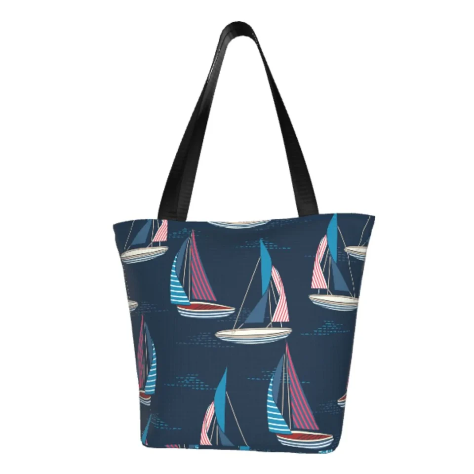 Core Natural TEQUAN Reusable Shoulder Tote Bags, Ocean Beach Sailboat Surfing Prints Polyester Casual Shopping Grocery Bag for Women